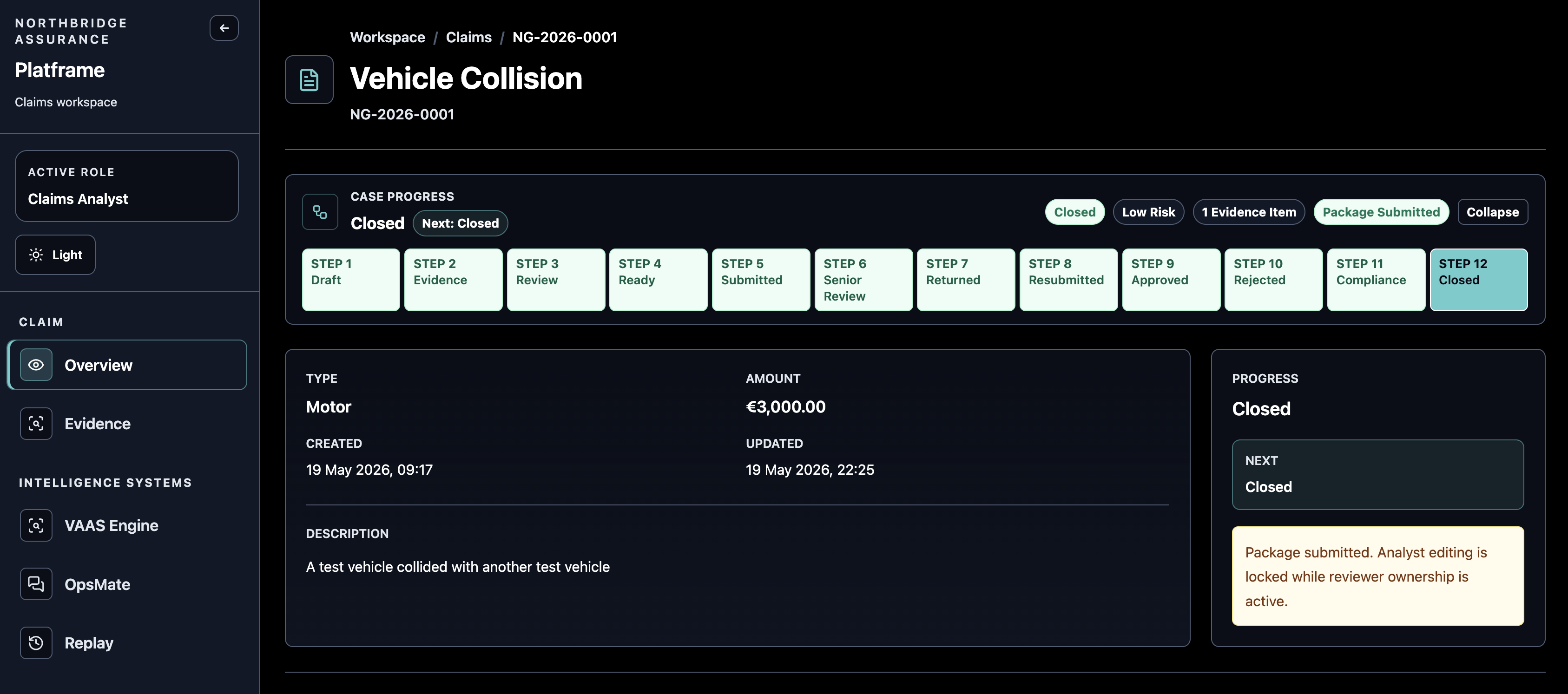 Claims workflow page showing investigation lifecycle stages